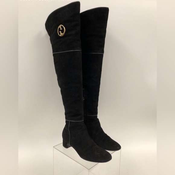 Gucci Black Suede Over-the-Knee Boots with Gold Accent